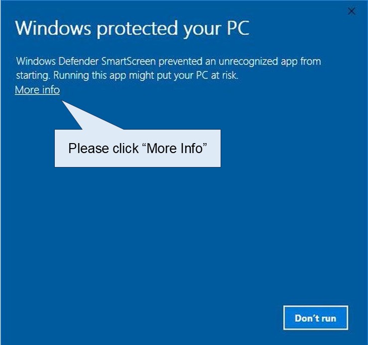 Windows protected your PC popup - click More info